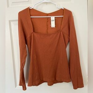 Anthropologie Square Neck Long Sleeve Top Rust Orange Size XL NEW